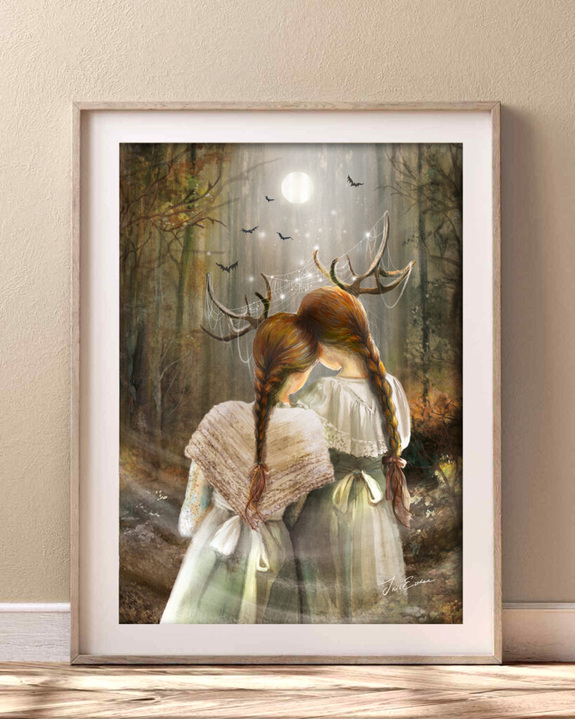 Magical fantasy wall art featuring two girls in vintage dresses, bats flying under the moon.