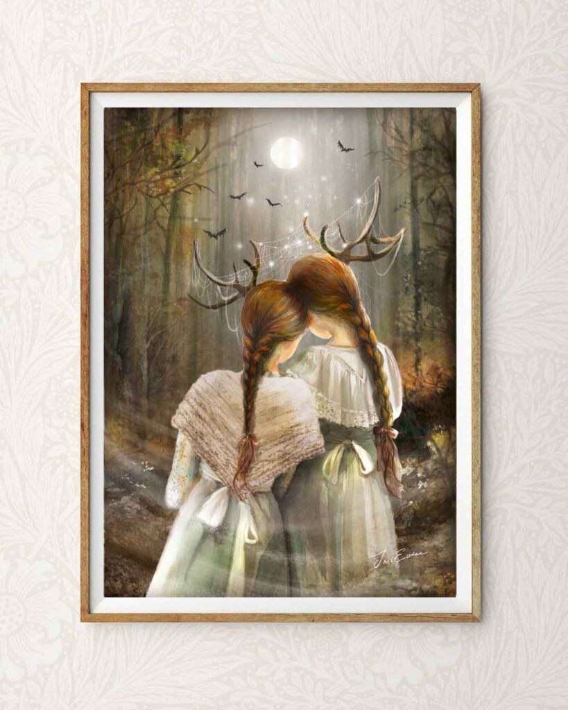 folktale inspired art print of two young woman in white lacy gowns side by side with antlers and bats flying while the gaze at the moon