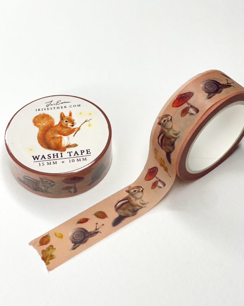 Decorative fall washi tape with toadstools, squirrels, snails, and leaves