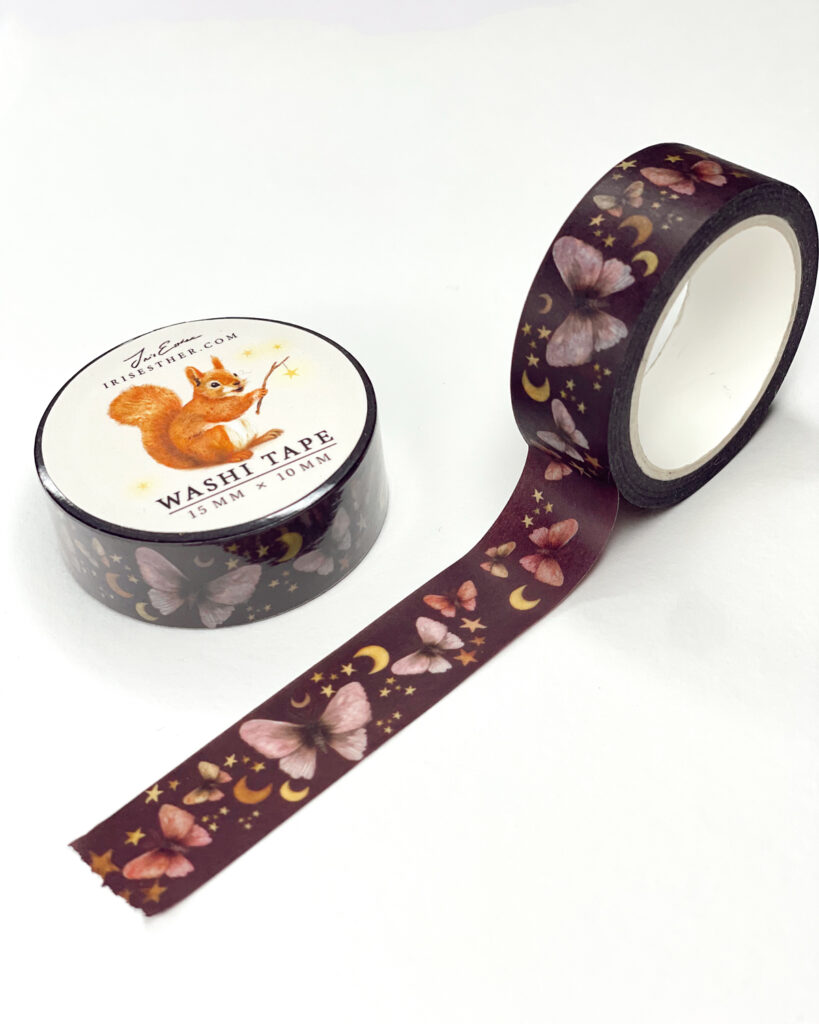 Whimsical celestial washi tape with stars, moths, and lunar details