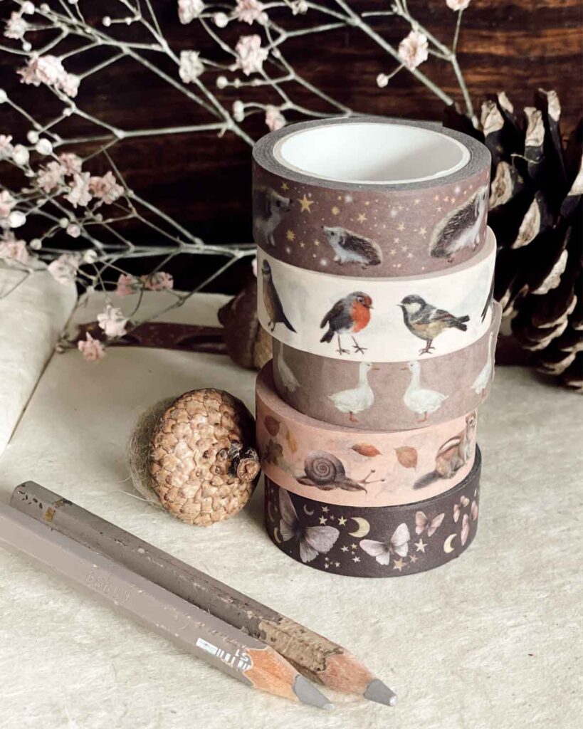 Set of 5 fairytale washi tapes featuring squirrels, geese and birds