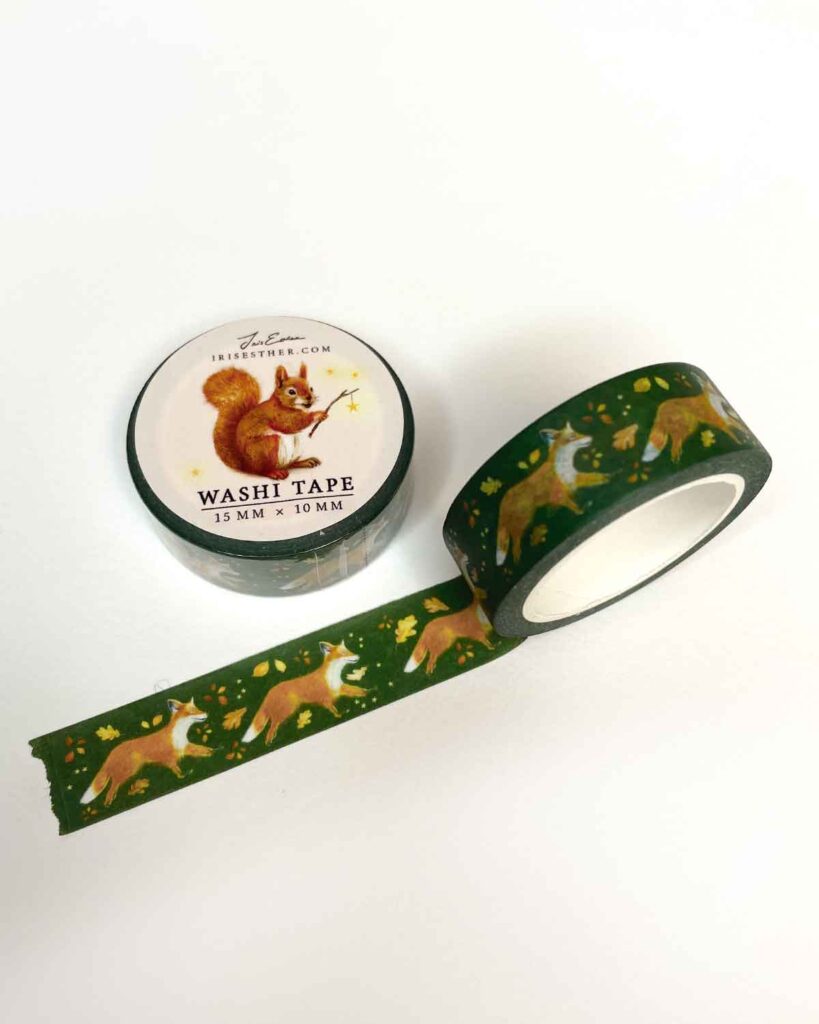 Running fox decorative paper tape for planners, letters, and gift wrapping, in warm woodland colors