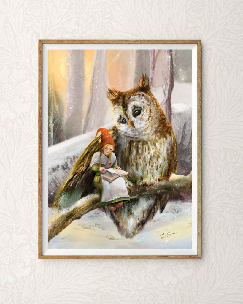 fairytale art print of a gnome girl and a barn owl sitting on a branche in a snowy landscape while the girl is reading a book to her friend