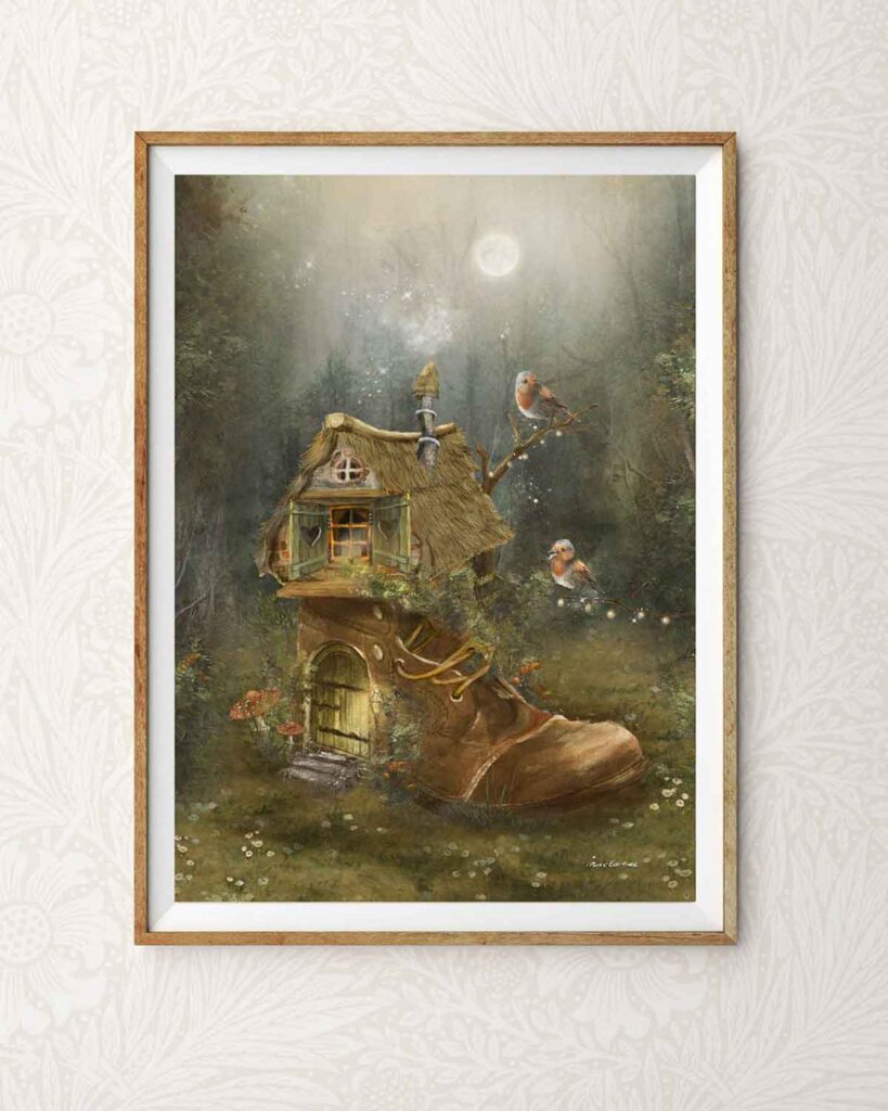 fairytale art print of a shoe house with a smoking chimnee in the middle of a forest glade being watched by two robins