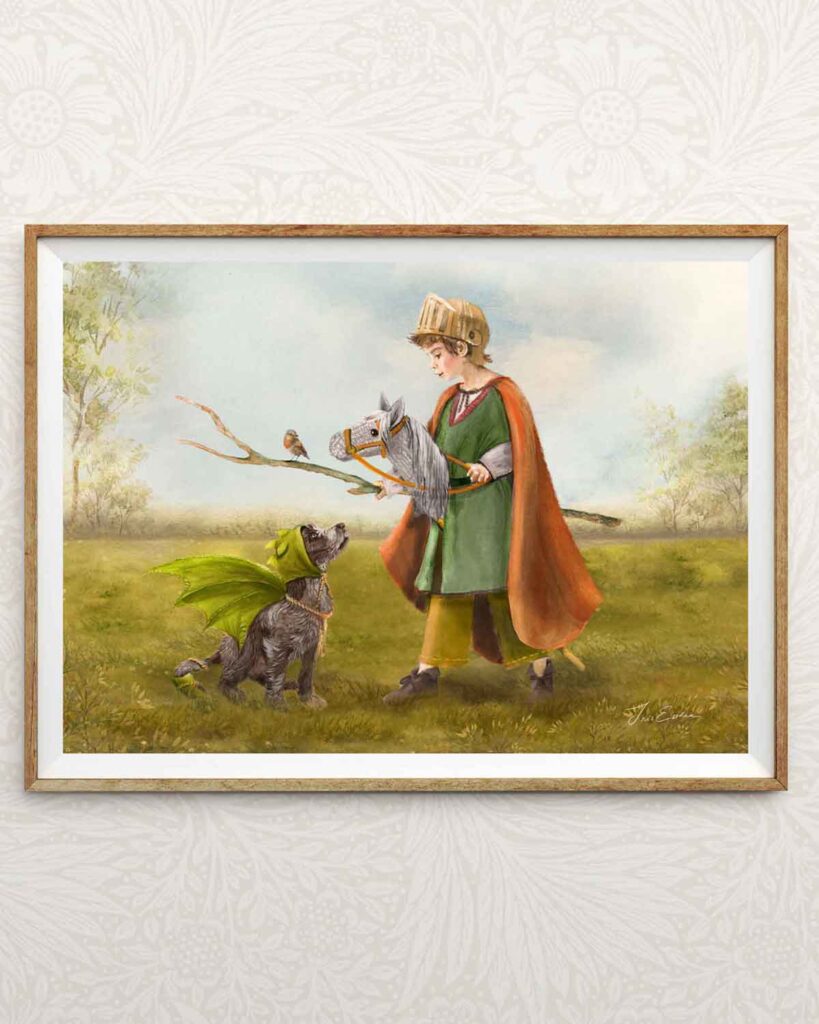 waldorf inspired art print of a child in a knights cape on a stick horse with his dog dressed as a dragon celebrating Michaelmas
