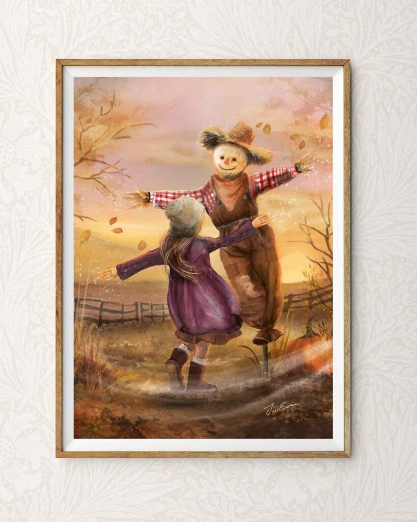 magical art print of a girl in a purple coat dancing at dawn with a scarecrow in a fairytale inspired october landscape