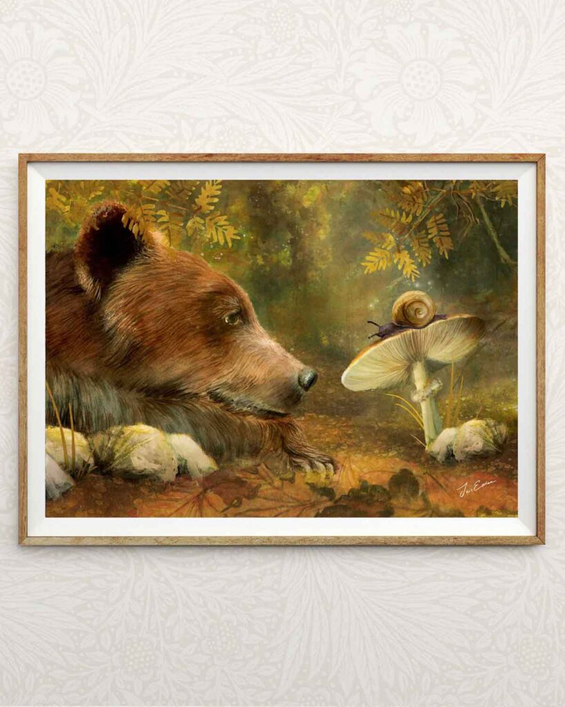 art print of a bear enjoying his view of a little snail on a large mushroom in the woods