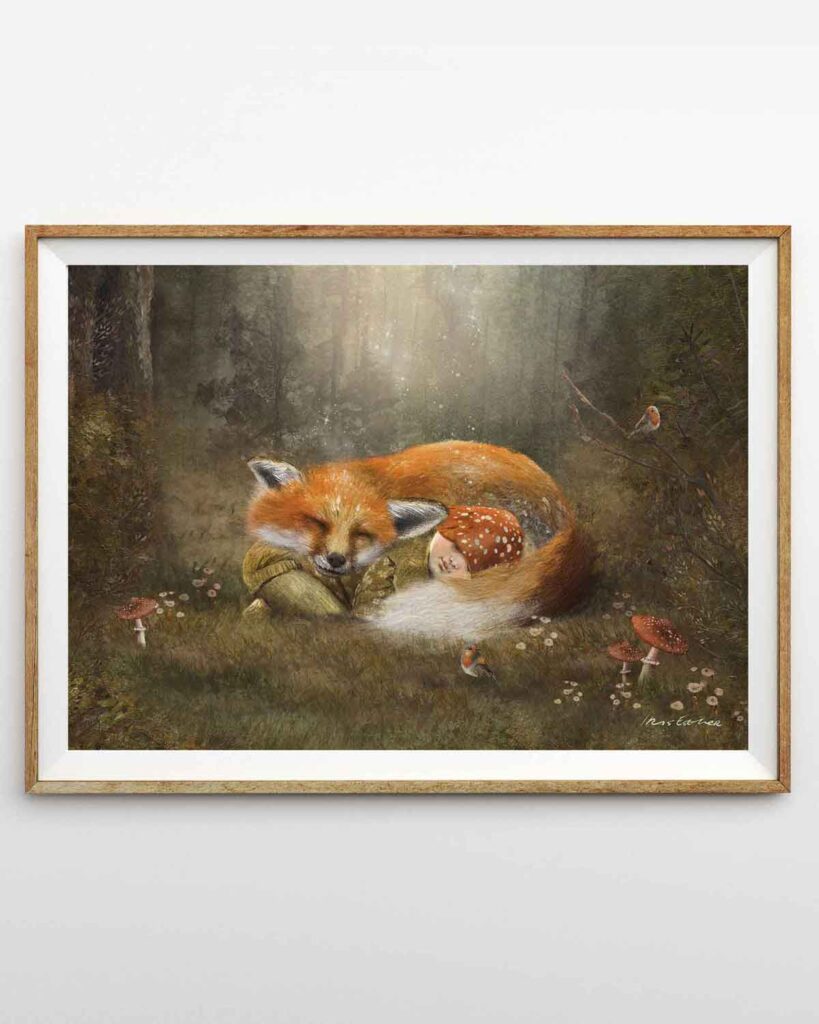 art print of a child and a fox sleeping between toadstools on moss in a forest glade