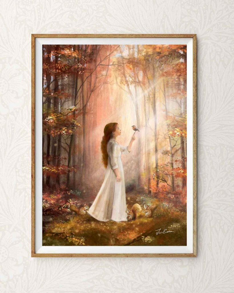 art print by iris esther of a young girl in a white dress whispering to a robin