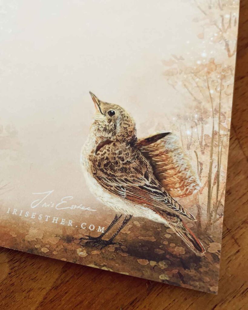 grocery list with light blush tone paper with a fairytale style bird