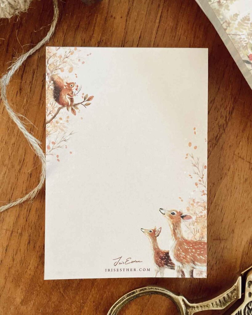 tiny notepad in blush tone with deers and a squirrel perfect for little notes and sweet small messages