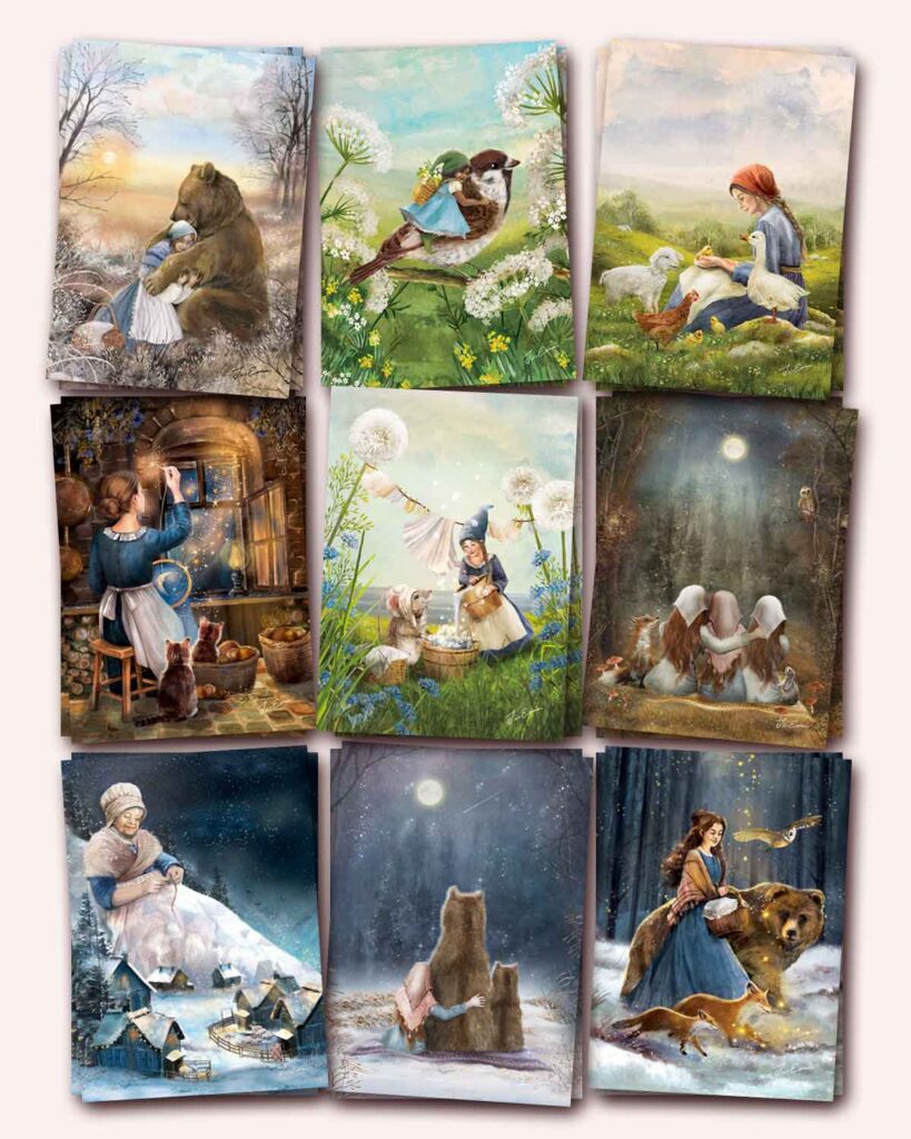 storybook inspired postcard set of 9 whimsical postcards where all woman and girls wear blue dresses