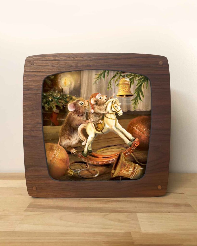 Magical light lamp with walnut veneer front and interchangeable artwork of a christmas scene of mice between christmas decor