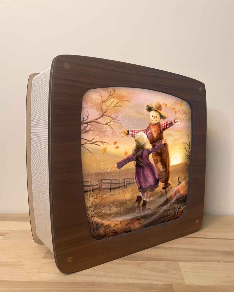 Waldorf seasons lamp with interchangeable illustrated panels and cozy glow with an end of autumn illustration