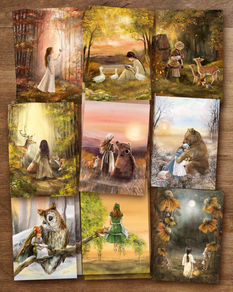 Complete collection of 75 fairytale and countryside art postcards printed on eco-friendly matte cardstock in the Netherlands.