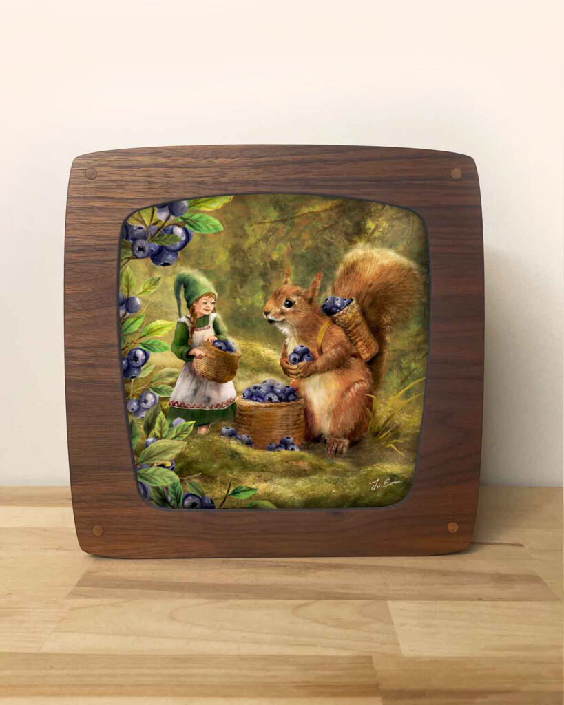 Seasons lamp with replaceable illustrated panels and warm ambient light with an harvest fairytale illustration by iris esther