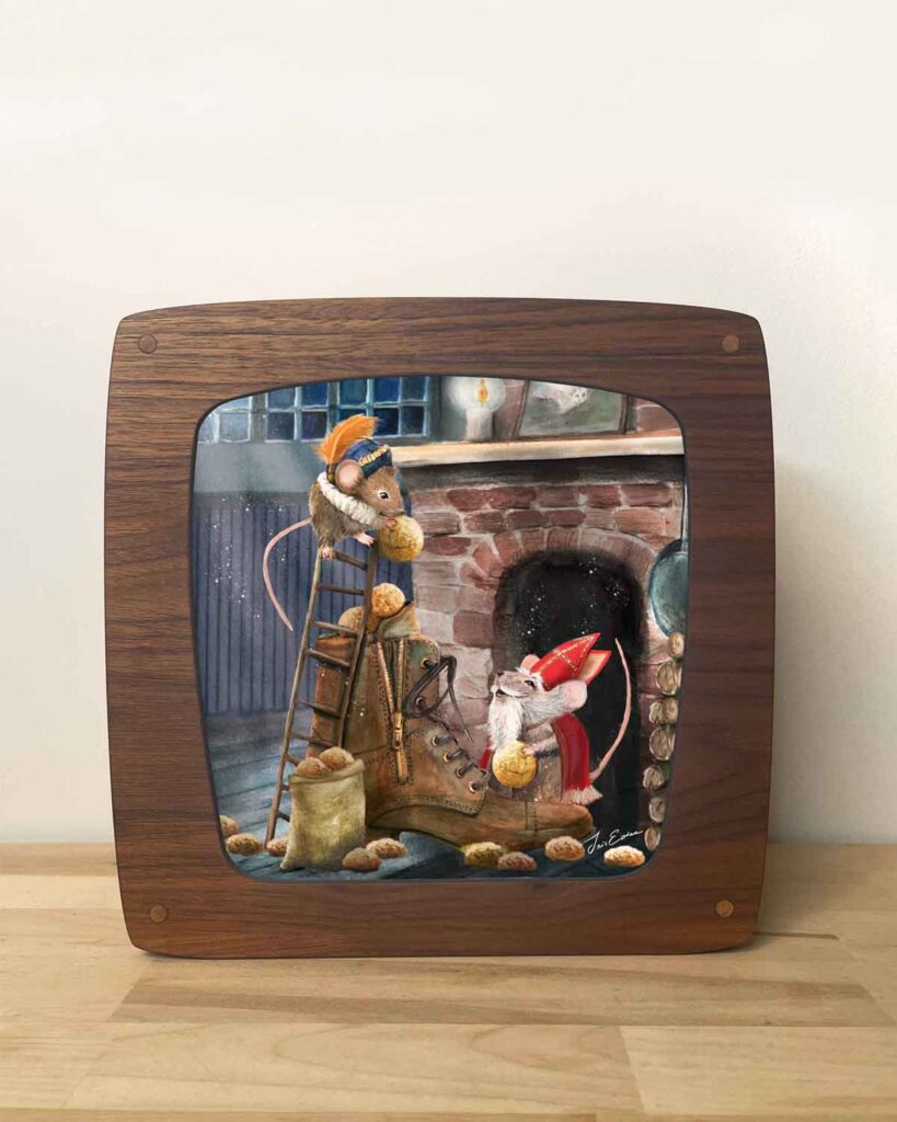 Waldorf decorative walnut seasons lamp for magical seasonal atmosphere with an illustration of Sintermuis