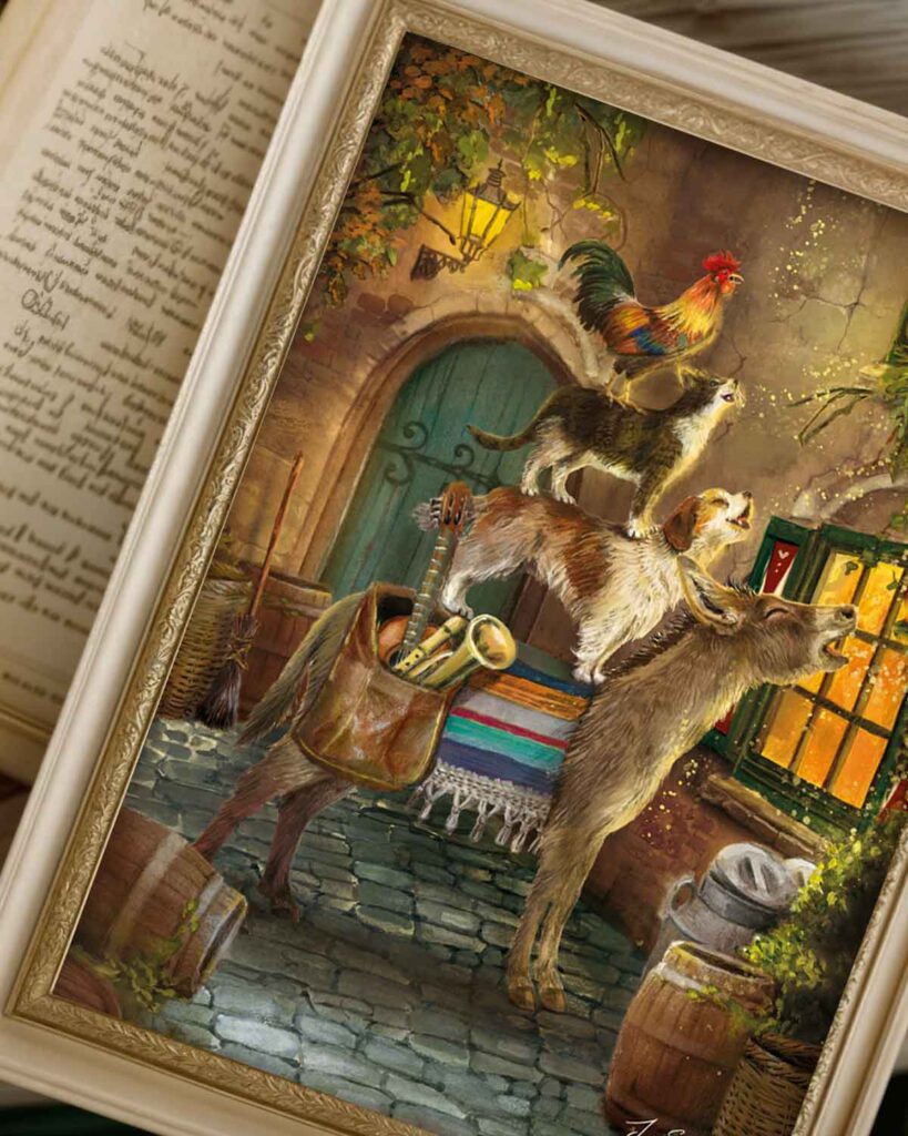 Fairytale wall art inspired by the Bremen Town Musicians featuring a donkey carrying a dog, cat, and rooster.