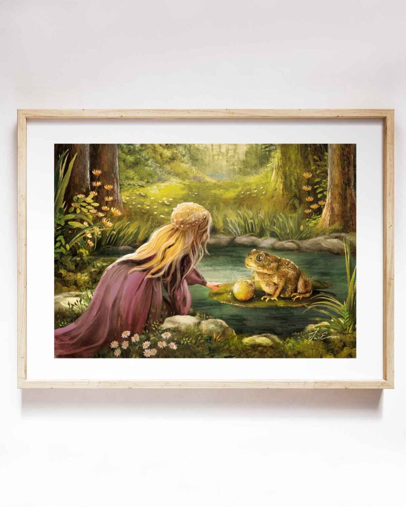 Brothers Grimm Frog Prince illustration with a princess, lily pad, golden ball, and sunlit forest setting.