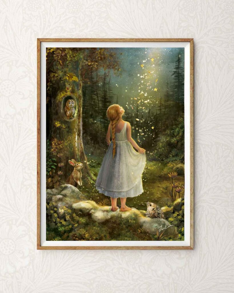 Whimsical Brothers Grimm art print featuring The Star Talers fairytale with woodland animals and magical golden stars.