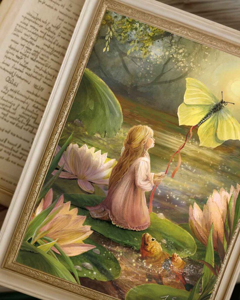 Hans Christian Andersen Thumbelina illustration with a butterfly rescuing Thumbelina while golden fish swim below.