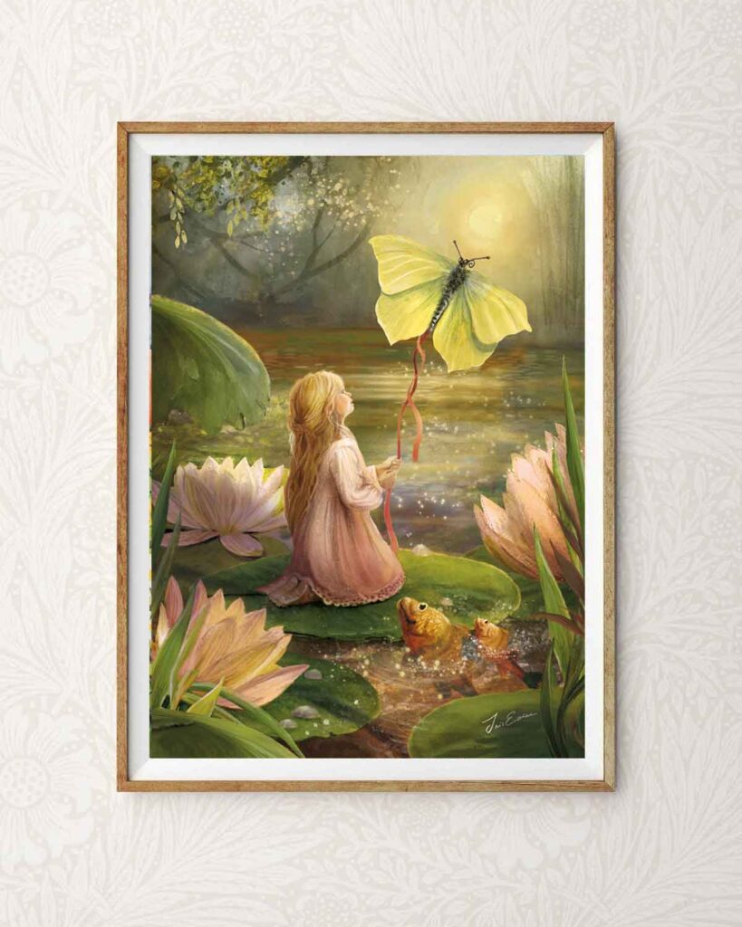 Fairytale art print of Thumbelina sitting among water lilies in a dreamy pond filled with soft evening light.