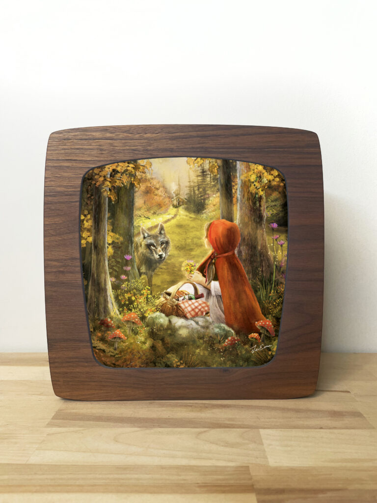 Illustrated Seasons Lamp sheet of Little Red Riding Hood meeting the wolf along a woodland path