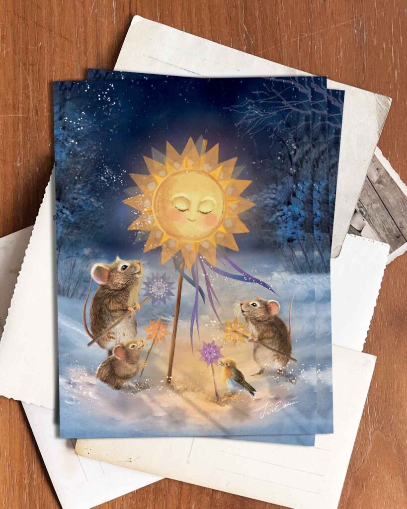 Winter postcard with mice, stars and glowing sun in a snowy landscape