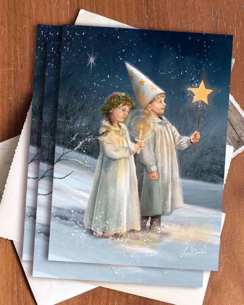 Illustrated Saint Lucia Day card with children in white robes in winter