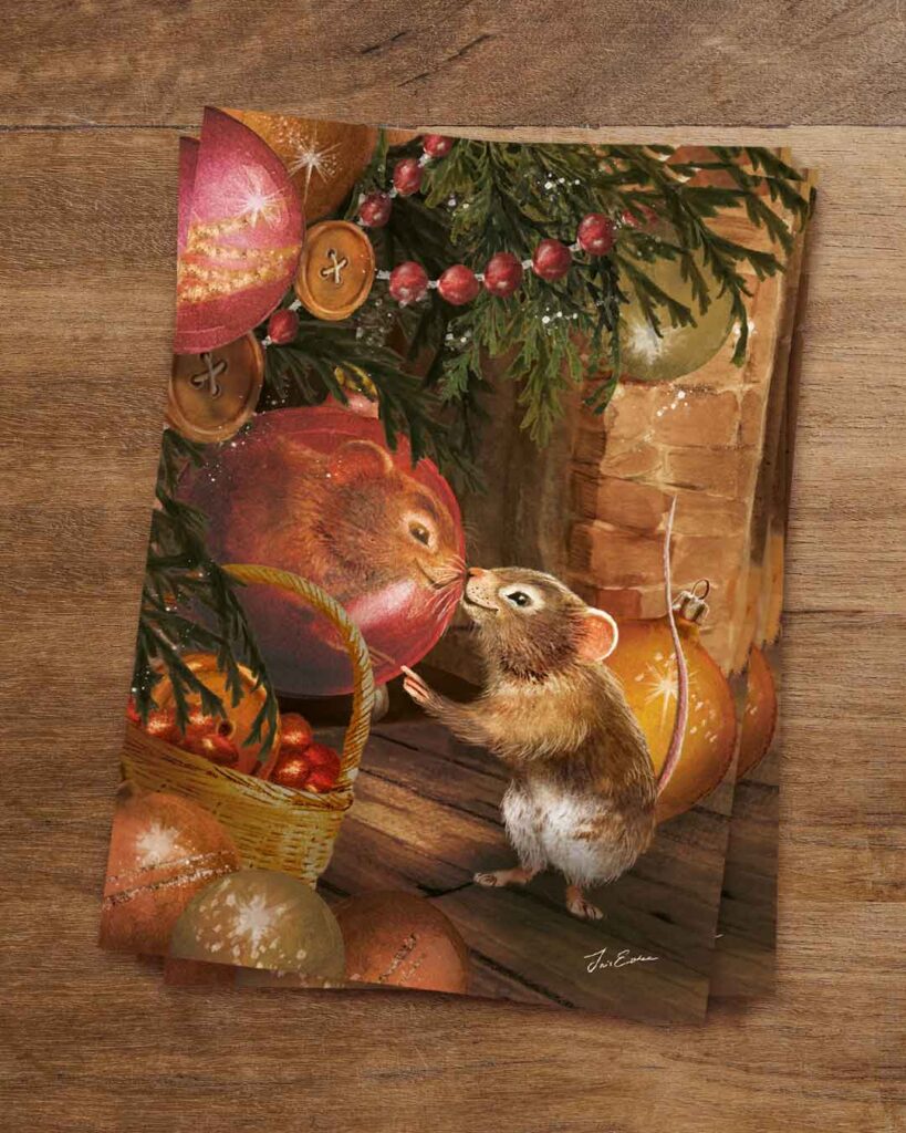 Whimsical Christmas card with little mouse exploring under the Christmas tree