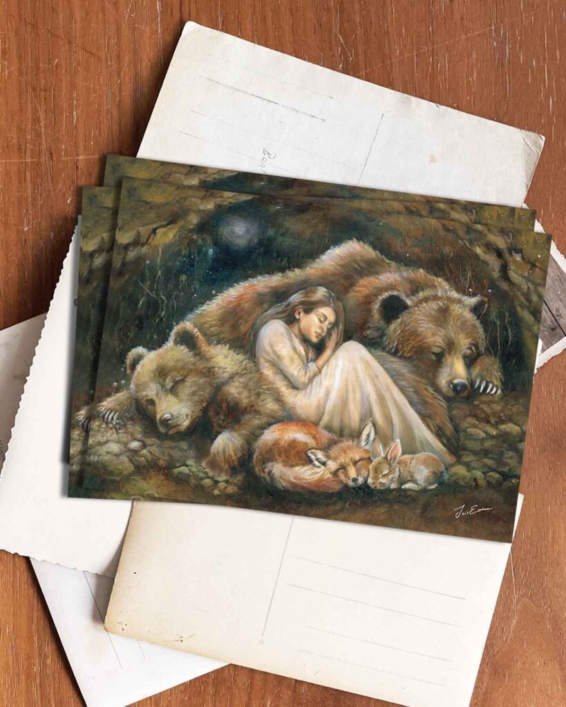 Illustrated postcard of a sleeping bear and cub beside a resting girl, fox and rabbit, painted in oils by Iris Esther.