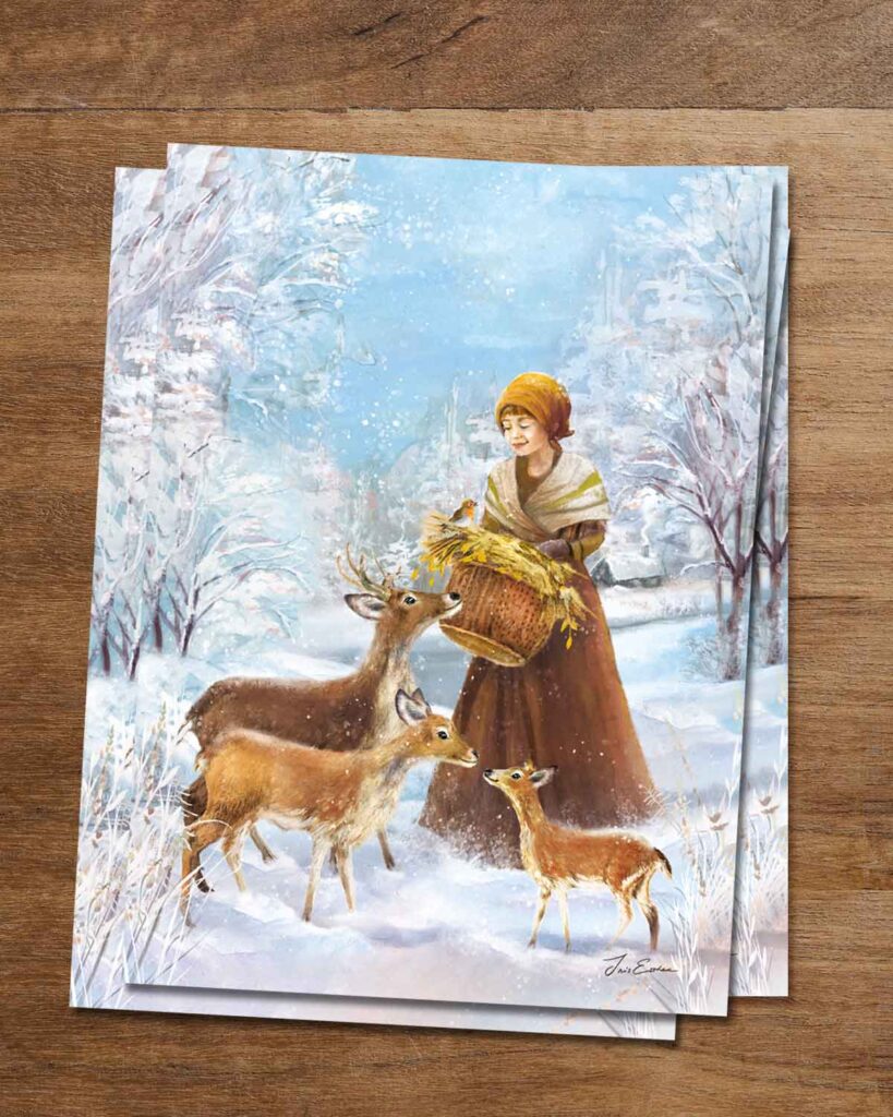 Illustrated winter postcard The Deer Feeder by Iris Esther, showing a young woman feeding three deer in a snowy woodland.