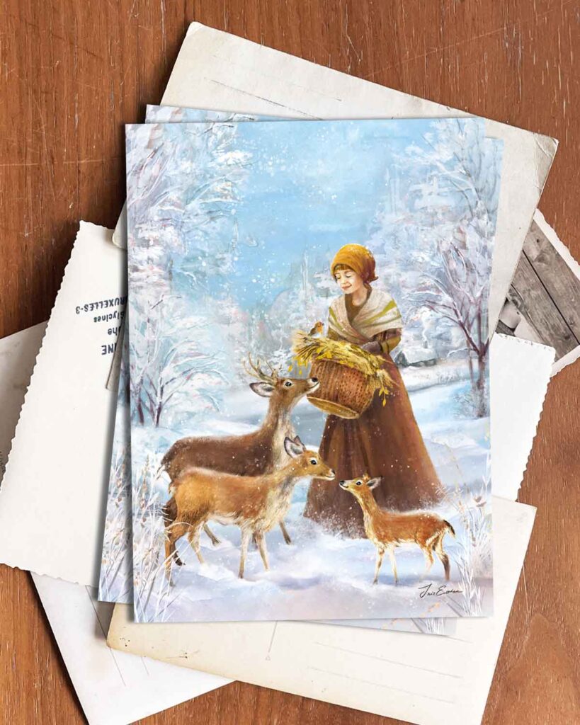 Close-up of The Deer Feeder winter illustration featuring three deer, a little bird and a woman in a snow-covered forest.